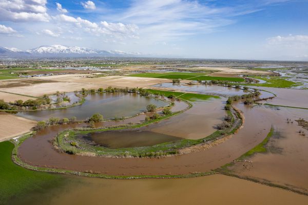 (Francisco Kjolseth | The Salt Lake Tribune) High water flow jumps the snaking banks of the Weber River near Farmington Bay, flooding adjacent farmland on Tuesday, May 2, 2023. 